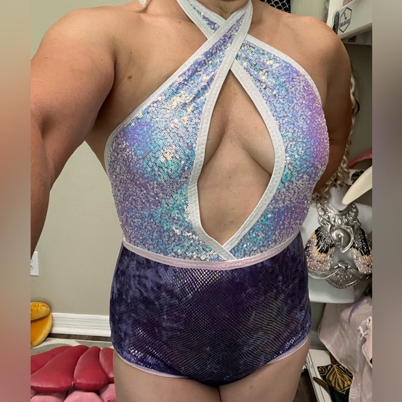 Circus Cirque Performance Dance Costume Leotard Bodysuit Purple Sparkles - Picture 7 of 7